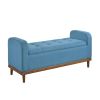 Mid-Century Modern Lift Top Storage Bench 1pc Tufted Blue Upholstered Solid Wood Walnut Finish Wooden Furniture